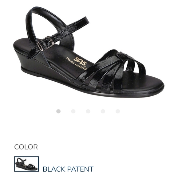 SAS Black Patent Leather Strippy Quarter Strap Wedge Sandals 7 Narrow - Picture 9 of 12